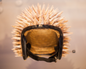 An eco warrior's helmet made from seashells